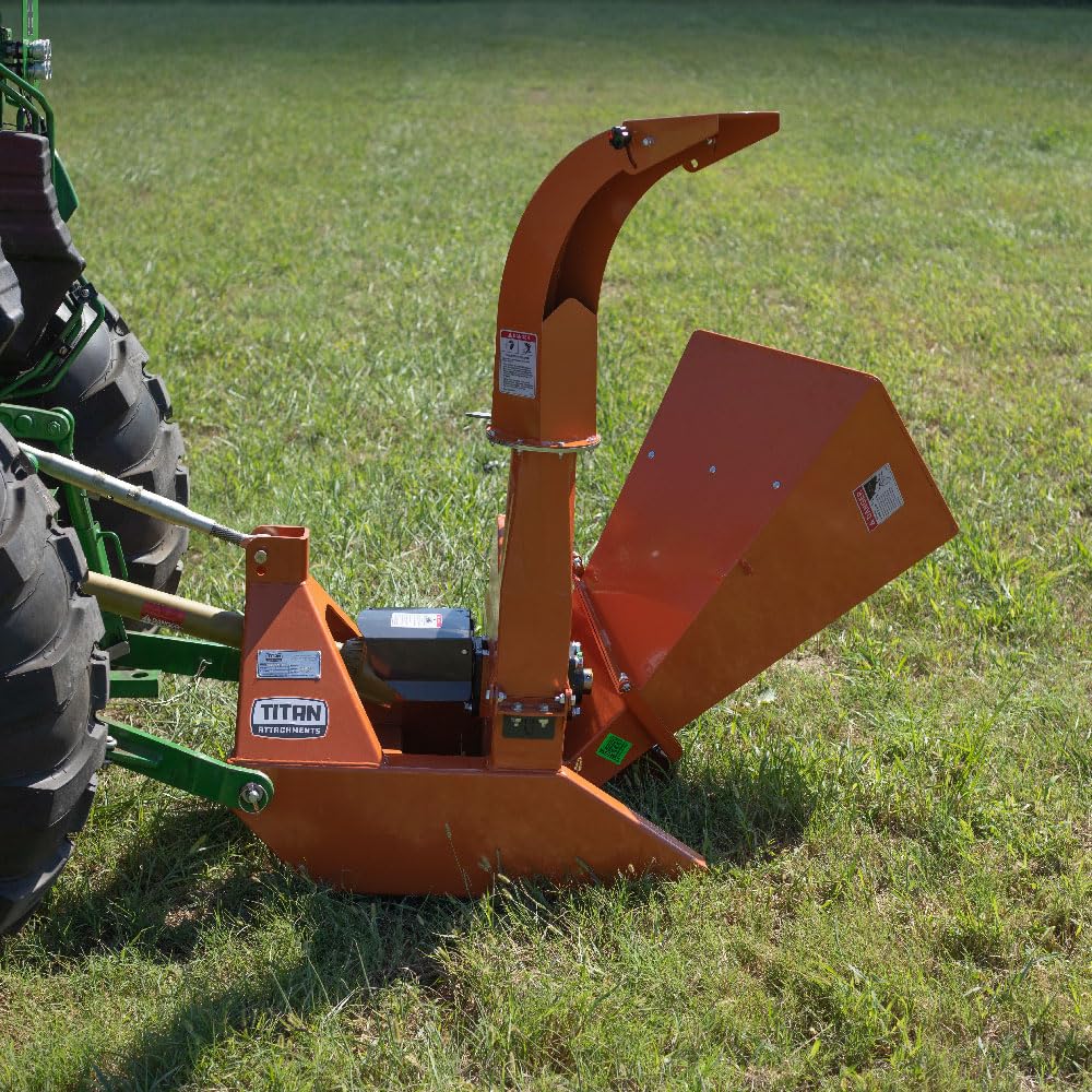 Titan Attachments 3 Point PTO Driven 4"x 10" Wood Chipper Shredder Mulcher, Adjustable Exit Chute, Up to 40HP, 25" Rotor, Easy to Mount, Accepts Entire Trees