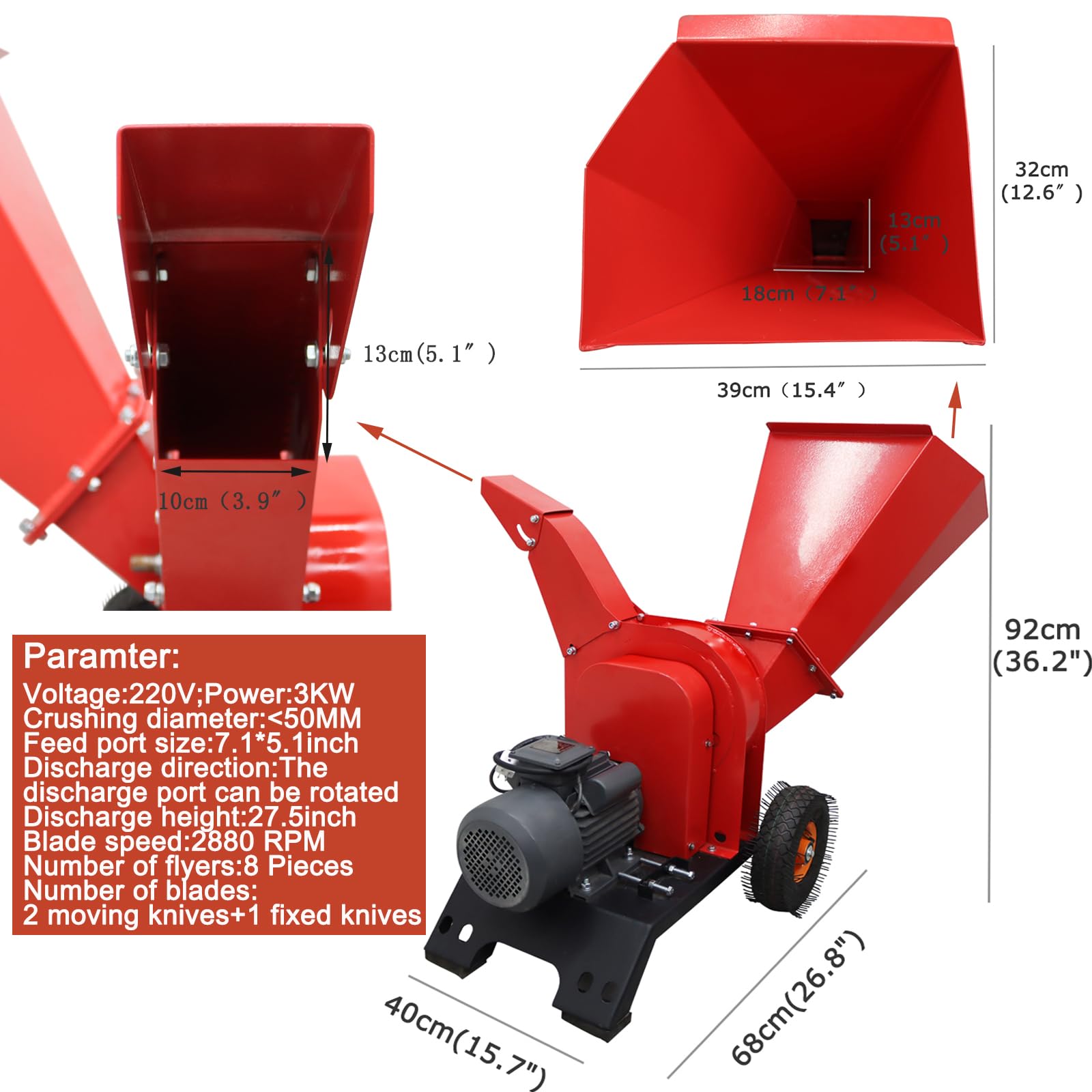 HayWHNKN Wood Shredder Chipper Hand Pushed Wood Crusher Branch Crusher 5inch Max Wood Diameter 220v 3kw for Corn Straw Grass