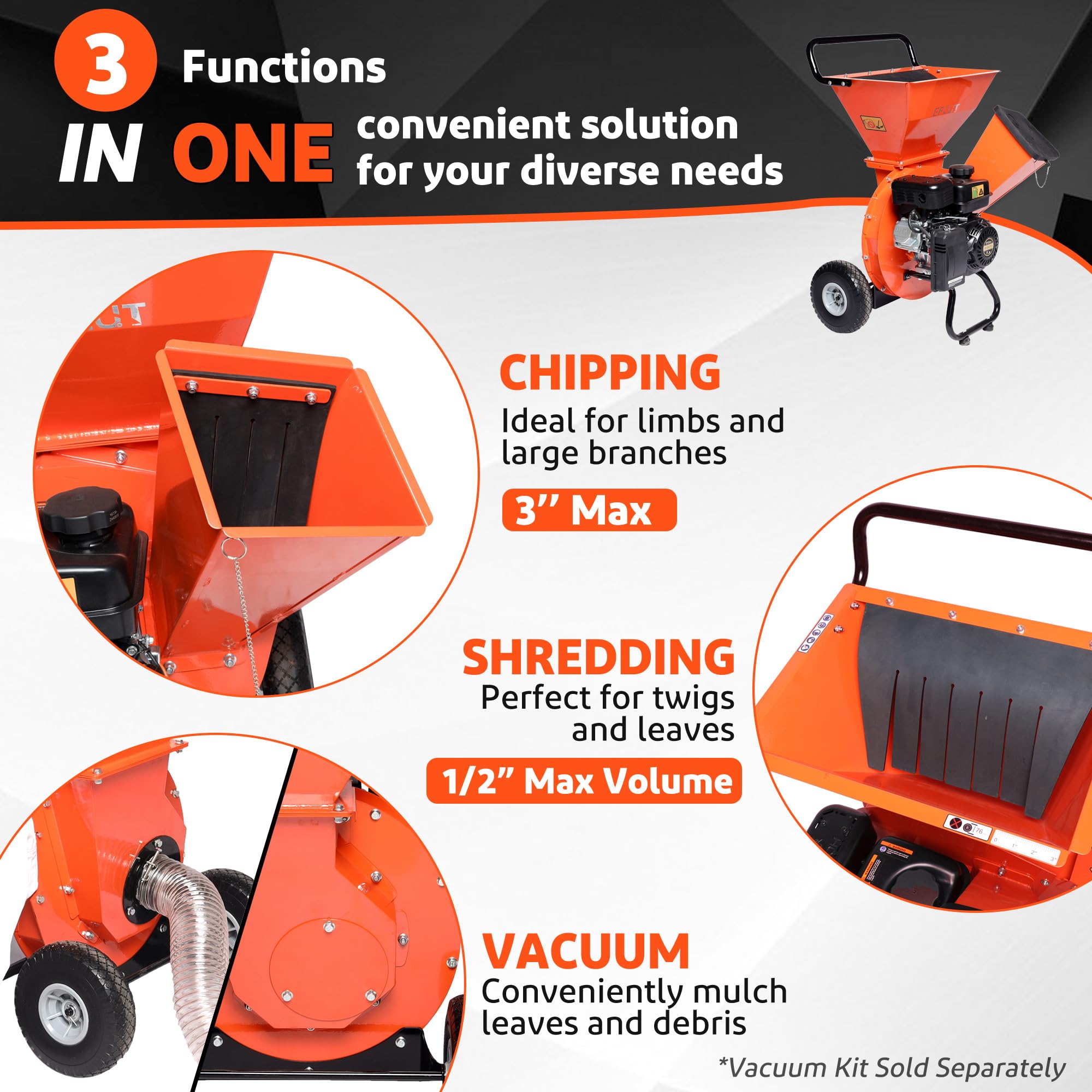 EFCUT C30 Wood Chipper 20:1 Reduction Ratio 3-in-1 Multi-Function Wood Chipper [Bundle Deal]