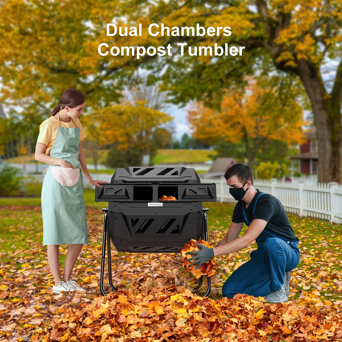 Compost Tumbler Bin Composter Dual Chamber 43 Gallon (Bundled with Pearson's Gardening Gloves)