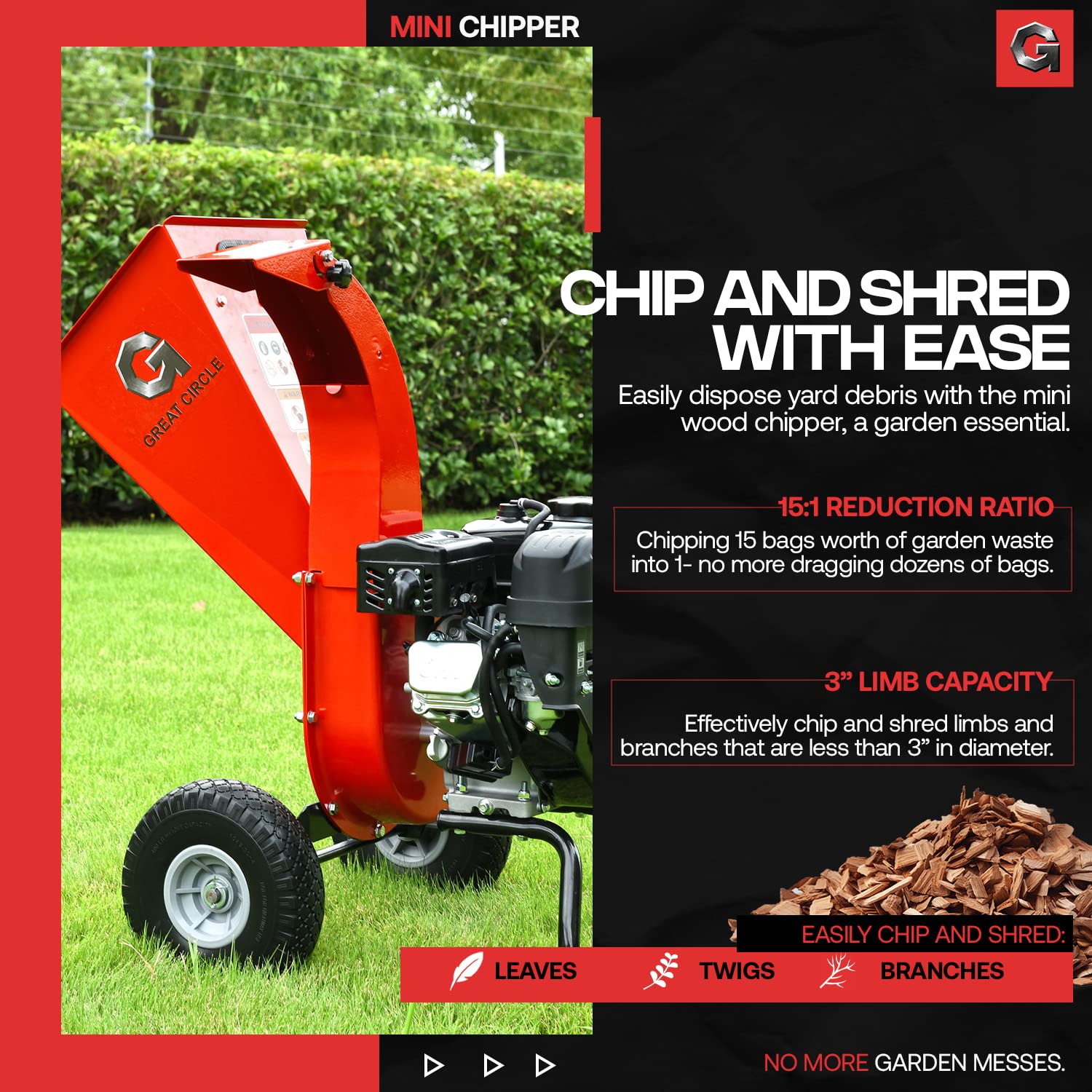 G GreatCircleUSA Mini Wood Chipper Shredder Mulcher & Landworks Leaf Mulcher Shredder Electric [Bundle Deal]