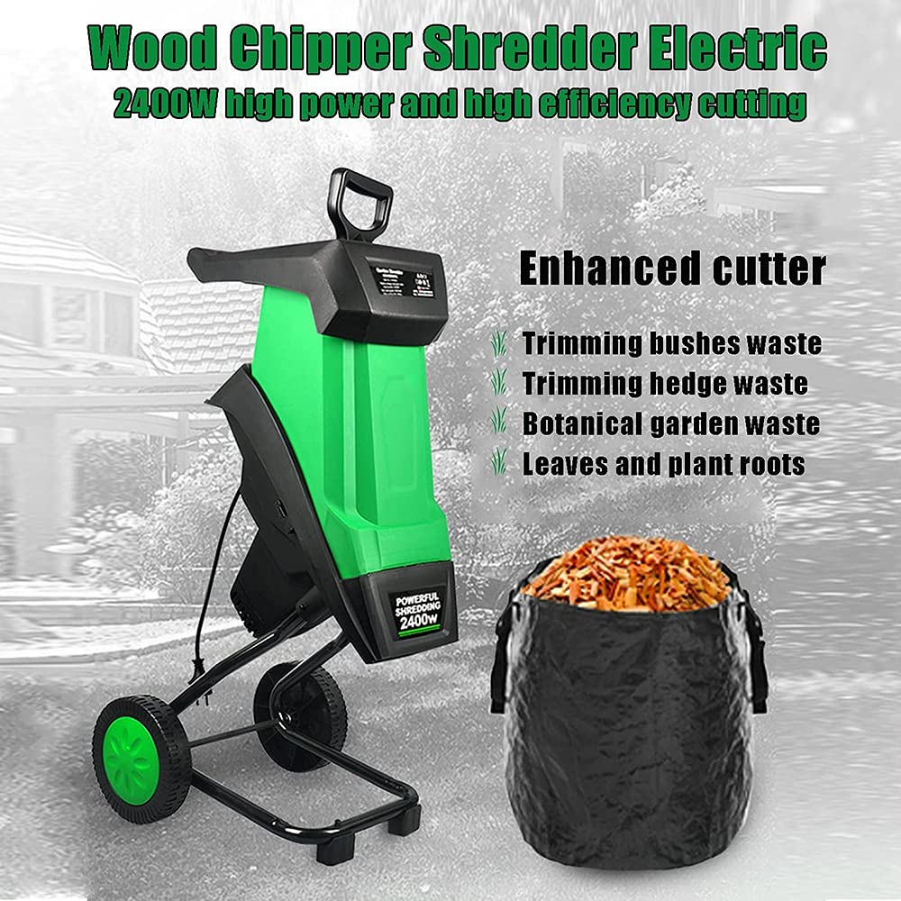 FHB Electric Garden Shredder, 2400W Wood Chipper with 50L Collecting Bag, Max 1.77-in Cutting Diameter, for Lawn and Garden Use,Chippers+20M Power line