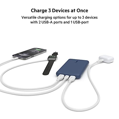 Belkin BoostCharge USB-C Portable Charger 10K Power Bank w/ 1 USB-C Port and 2 USB-A Ports & Included USB-C to USB-A Cable for iPhone 15, 15 Plus, 15 Pro, 15 Pro Max, Samsung Galaxy S24 & More - Blue