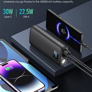 Portable-Charger-Power-Bank - 40000mAh Power Bank PD 30W and QC 4.0 Quick Charging Built-in Bright Flashlight LED Display 2 USB 1Type-C Output for Most Electronic Devices on The Market(Carbon Black)