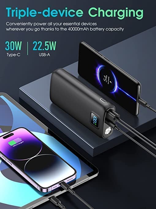 Portable-Charger-Power-Bank - 40000mAh Power Bank PD 30W and QC 4.0 Quick Charging Built-in Bright Flashlight LED Display 2 USB 1Type-C Output for Most Electronic Devices on The Market(Carbon Black)