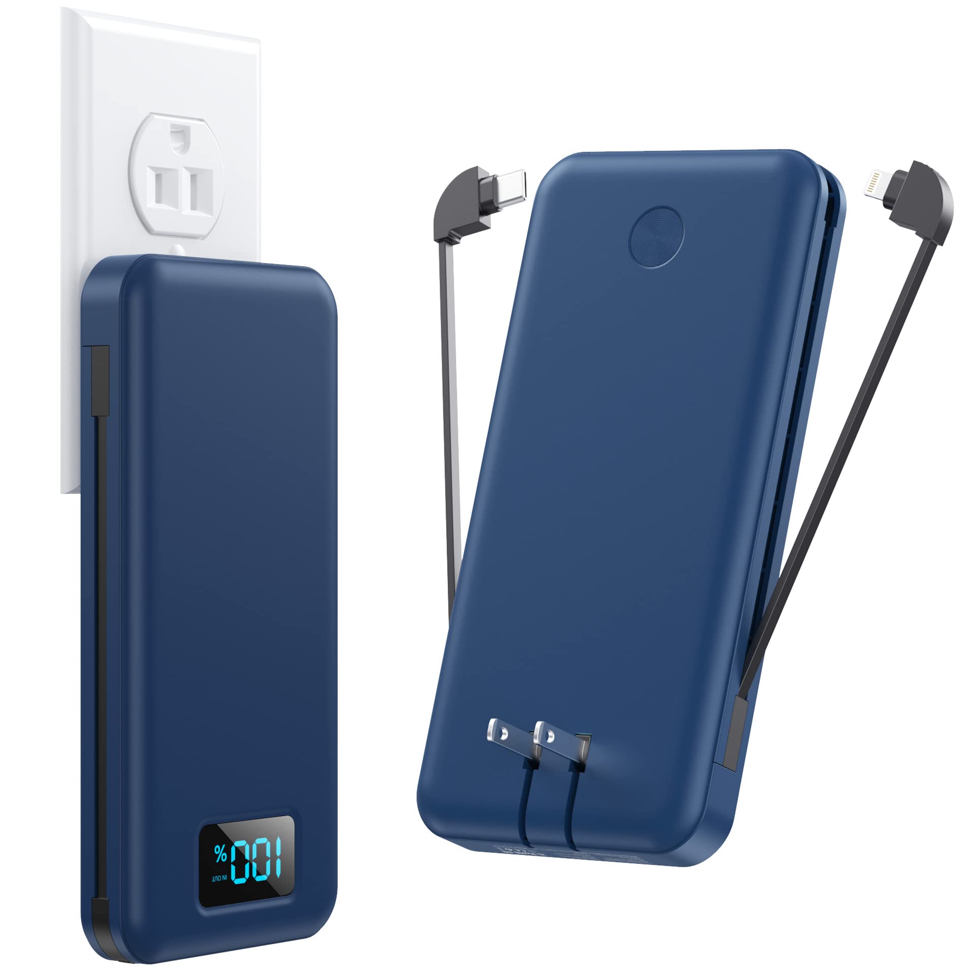 Portable Charger with Built-in Cables & AC Wall Plug,Ultra Slim 13800mAh USB-C Power Bank, 4 Output 2 Input LCD Display External Battery Pack Phone Charger Compatible with iPhone Samsung Android -Blue