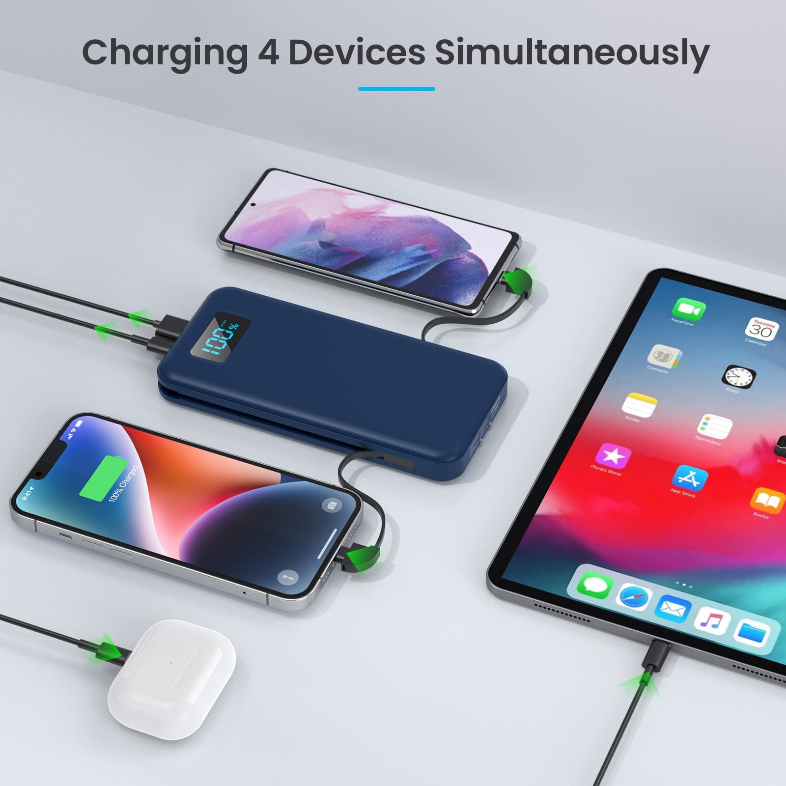 Portable Charger with Built-in Cables & AC Wall Plug,Ultra Slim 13800mAh USB-C Power Bank, 4 Output 2 Input LCD Display External Battery Pack Phone Charger Compatible with iPhone Samsung Android -Blue