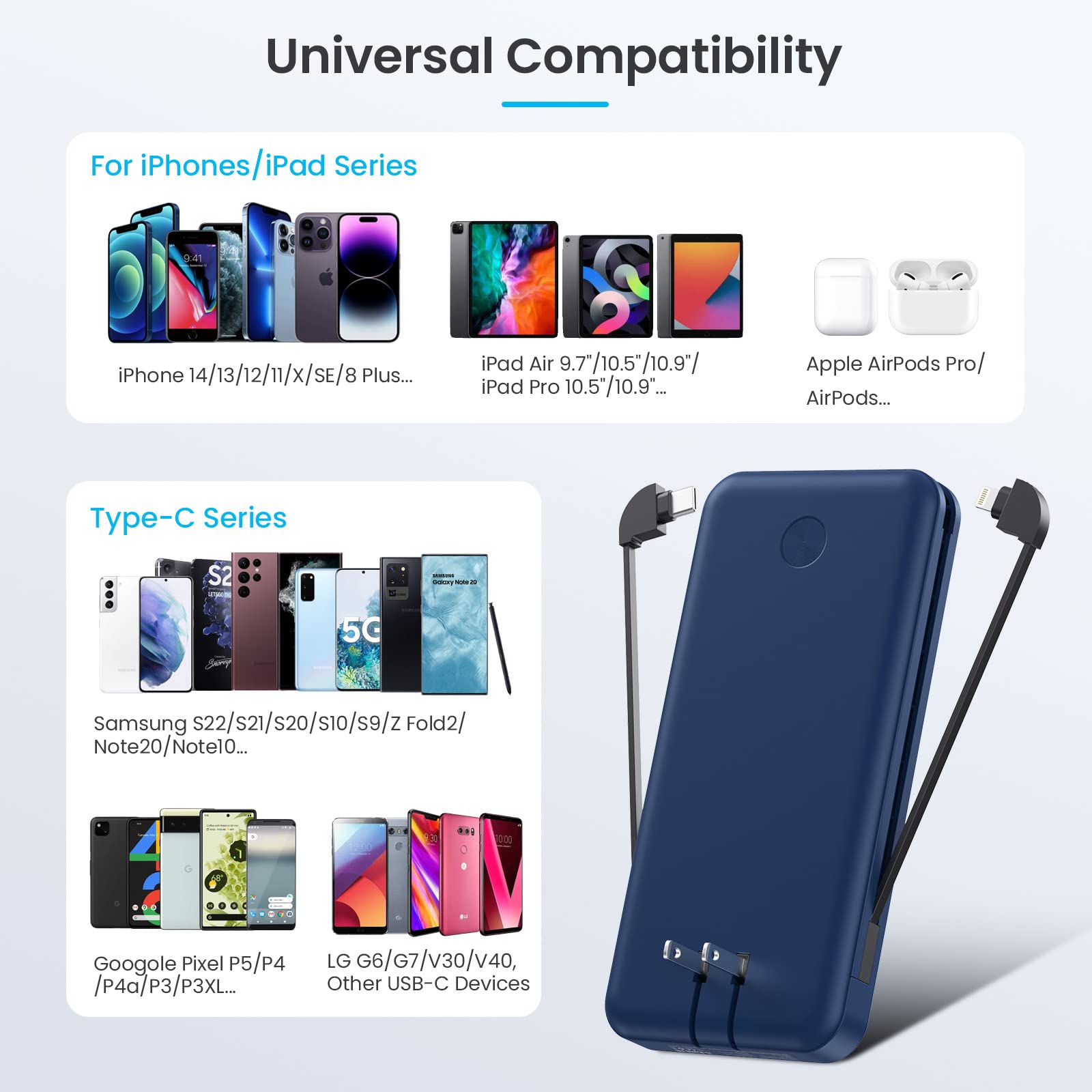 Portable Charger with Built-in Cables & AC Wall Plug,Ultra Slim 13800mAh USB-C Power Bank, 4 Output 2 Input LCD Display External Battery Pack Phone Charger Compatible with iPhone Samsung Android -Blue