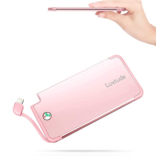 Luxtude 5000mAh Portable Charger for iPhone, Ultra Slim MFi Apple Certified Battery Pack Built in Lightning Cable, Fast Charging Power Bank for iPhone 13/12/11 Pro/X/XR/XS Max/8/7/6S, Rose Gold Pink.