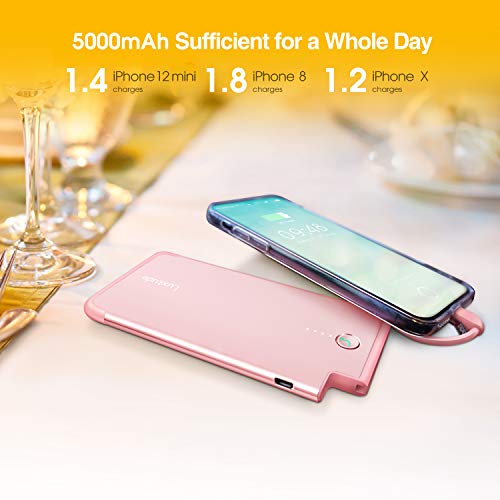 Luxtude 5000mAh Portable Charger for iPhone, Ultra Slim MFi Apple Certified Battery Pack Built in Lightning Cable, Fast Charging Power Bank for iPhone 13/12/11 Pro/X/XR/XS Max/8/7/6S, Rose Gold Pink.