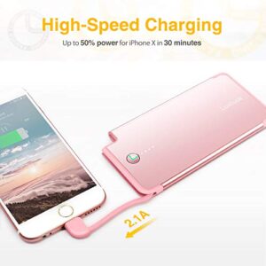Luxtude 5000mAh Portable Charger for iPhone, Ultra Slim MFi Apple Certified Battery Pack Built in Lightning Cable, Fast Charging Power Bank for iPhone 13/12/11 Pro/X/XR/XS Max/8/7/6S, Rose Gold Pink.
