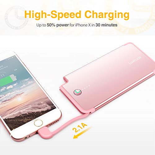 Luxtude 5000mAh Portable Charger for iPhone, Ultra Slim MFi Apple Certified Battery Pack Built in Lightning Cable, Fast Charging Power Bank for iPhone 13/12/11 Pro/X/XR/XS Max/8/7/6S, Rose Gold Pink.