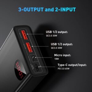 Baseus Power Bank, 65W 20000mAh Laptop Portable Charger, Fast Charging USB C 4-Port PD3.0 Battery Pack for MacBook Dell XPS IPad iPhone 14/13/12 Pro Mini Samsung Switch