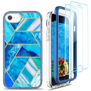 jeylly iphone se 2022 case, iphone se 2020 case, iphone 8/7 case 4.7 inch, 360 full-body front & back hybrid hard pc soft tpu rubber shockproof marble women girly phone case cover, light blue