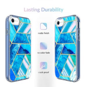 Jeylly iPhone SE 2022 Case, iPhone SE 2020 Case, iPhone 8/7 Case 4.7 inch, 360 Full-Body Front & Back Hybrid Hard PC Soft TPU Rubber Shockproof Marble Women Girly Phone Case Cover, Light Blue