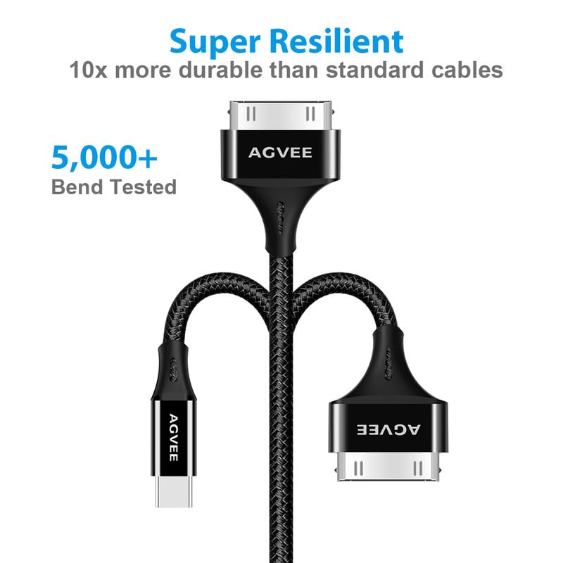 AGVEE 2 Pack 6ft USB-C to 30 Pin Cable for Old iPhone 4/4S iPad 1/2/3 iPod, Braided Metal Shell Type-C to 30Pin Adapter Charging Charger Data Cord, Black