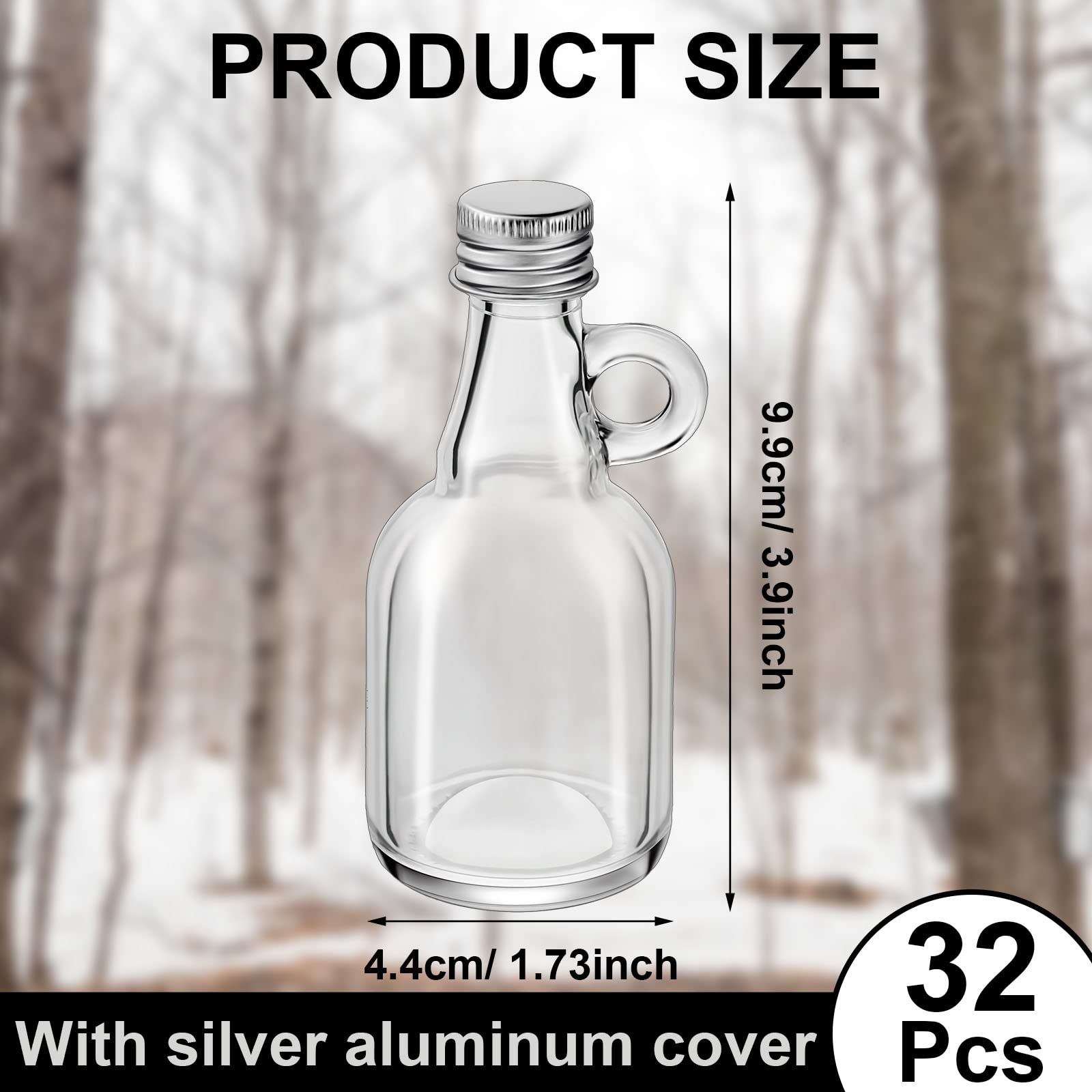 Suclain 32 Pcs 1.7oz Glass Syrup Bottles with Aluminum Lids and Loop Handle Clear Glass Bottles Reusable Maple Syrup Jars Syrup Container Stout Sample Bottles for Potion Juice Milk Storage Sauce Oil