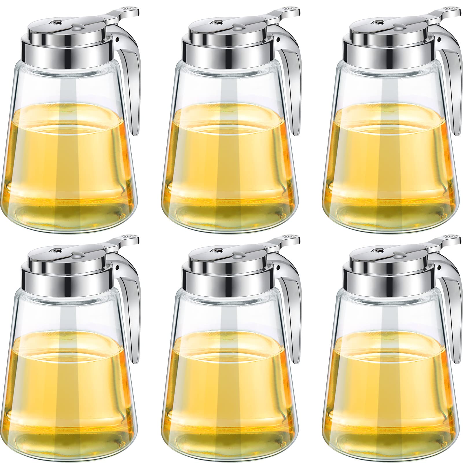 Mimorou Syrup Dispenser Set of 6 Glass Bottle Honey Maple Syrup Pitcher with Retracting Spout Plastic Lid Syrup Containers for Restaurants Sugar Pancake Coffee, 12 oz