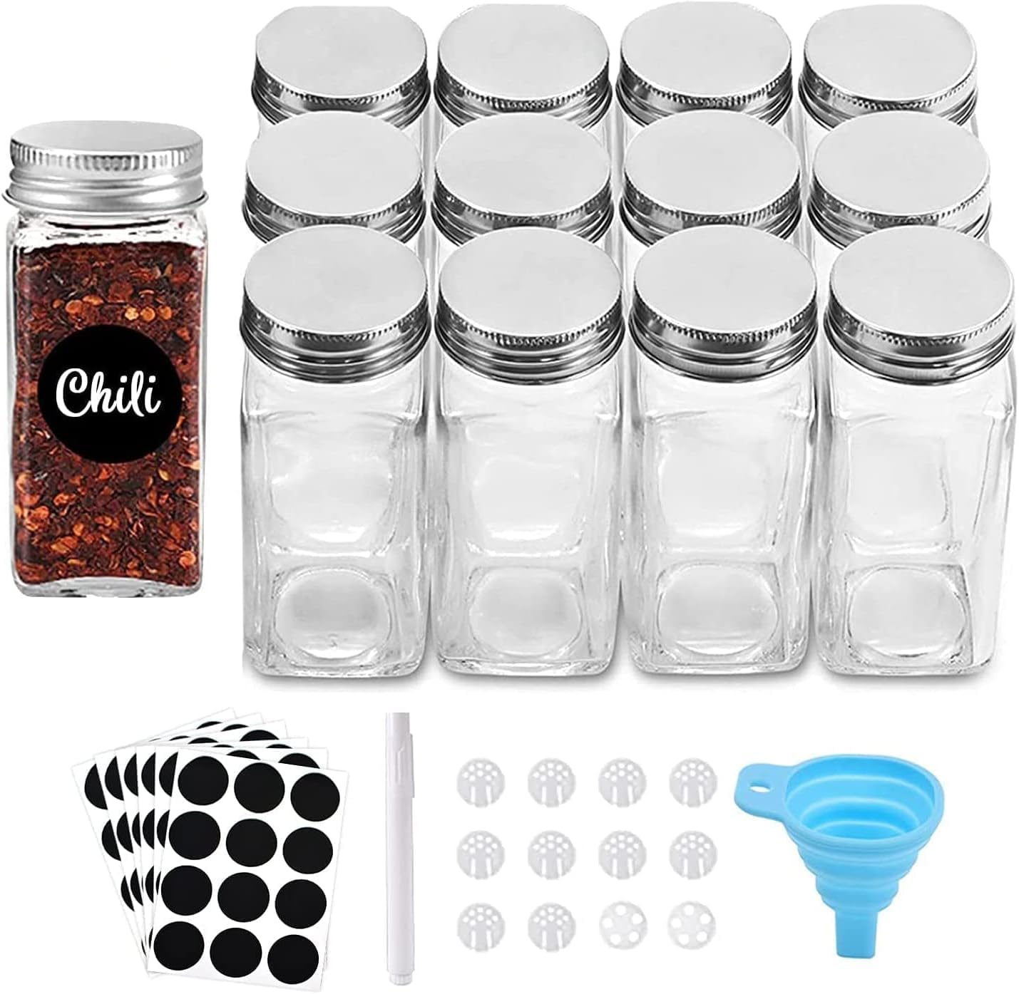 RoyalHouse 24 Pcs Glass Spice Jars/Bottles - 4oz Empty Square Spice Containers with Spice Labels and Airtight Metal Caps with Shaker Lids