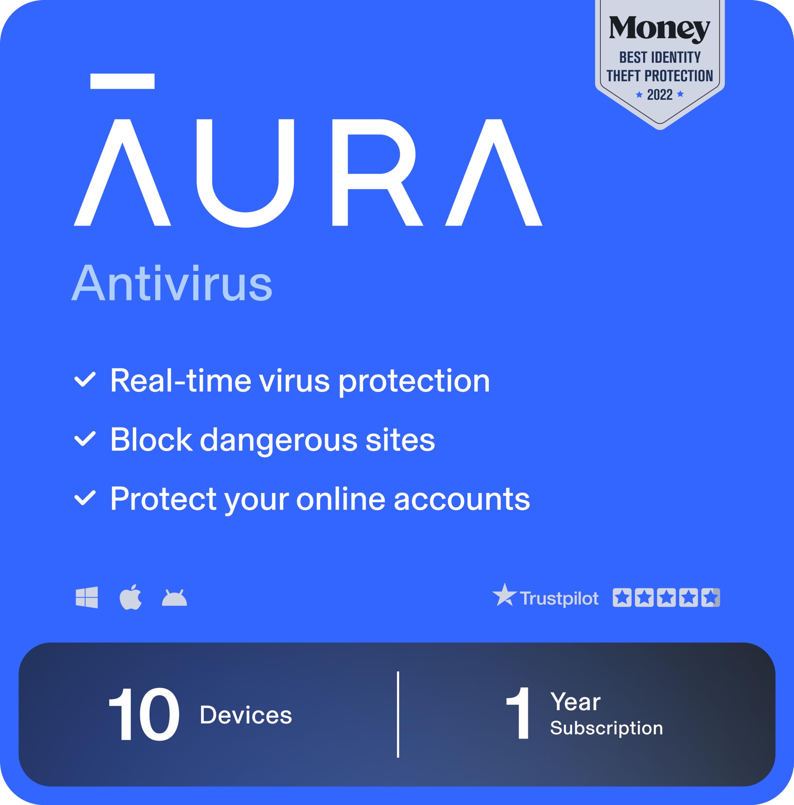 Aura Antivirus | Internet Security | 10 Devices | Includes VPN, Password Manager, Breach Alerts, Anti-Track, Dark Web Monitoring | Antivirus Plan, 1 Year Prepaid Subscription [PC/Mac Online Code]