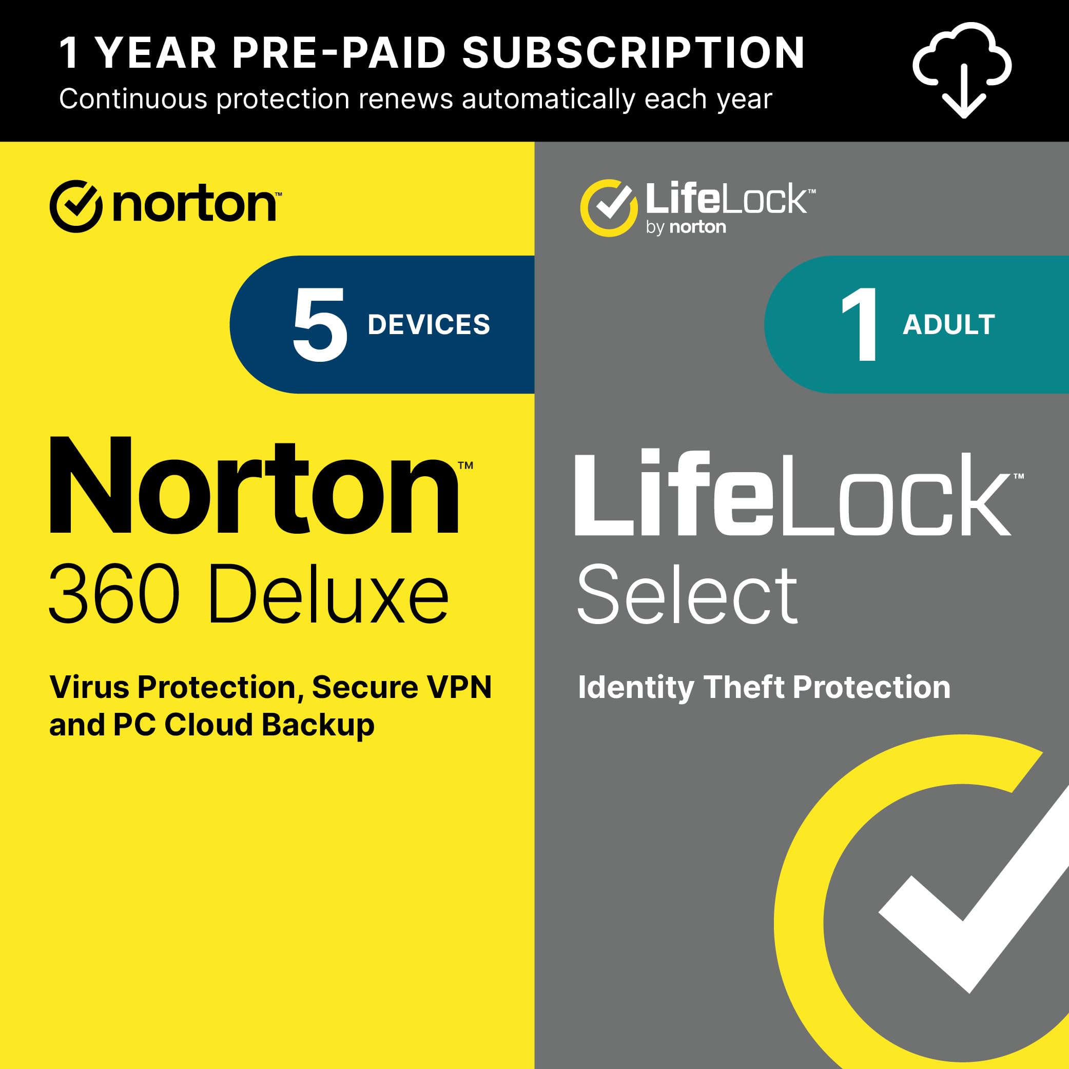 Norton 360 with LifeLock Select, All-in-one protection for your devices, privacy, and identity, 1 Year Auto-Renewing Subscription [Online Code]