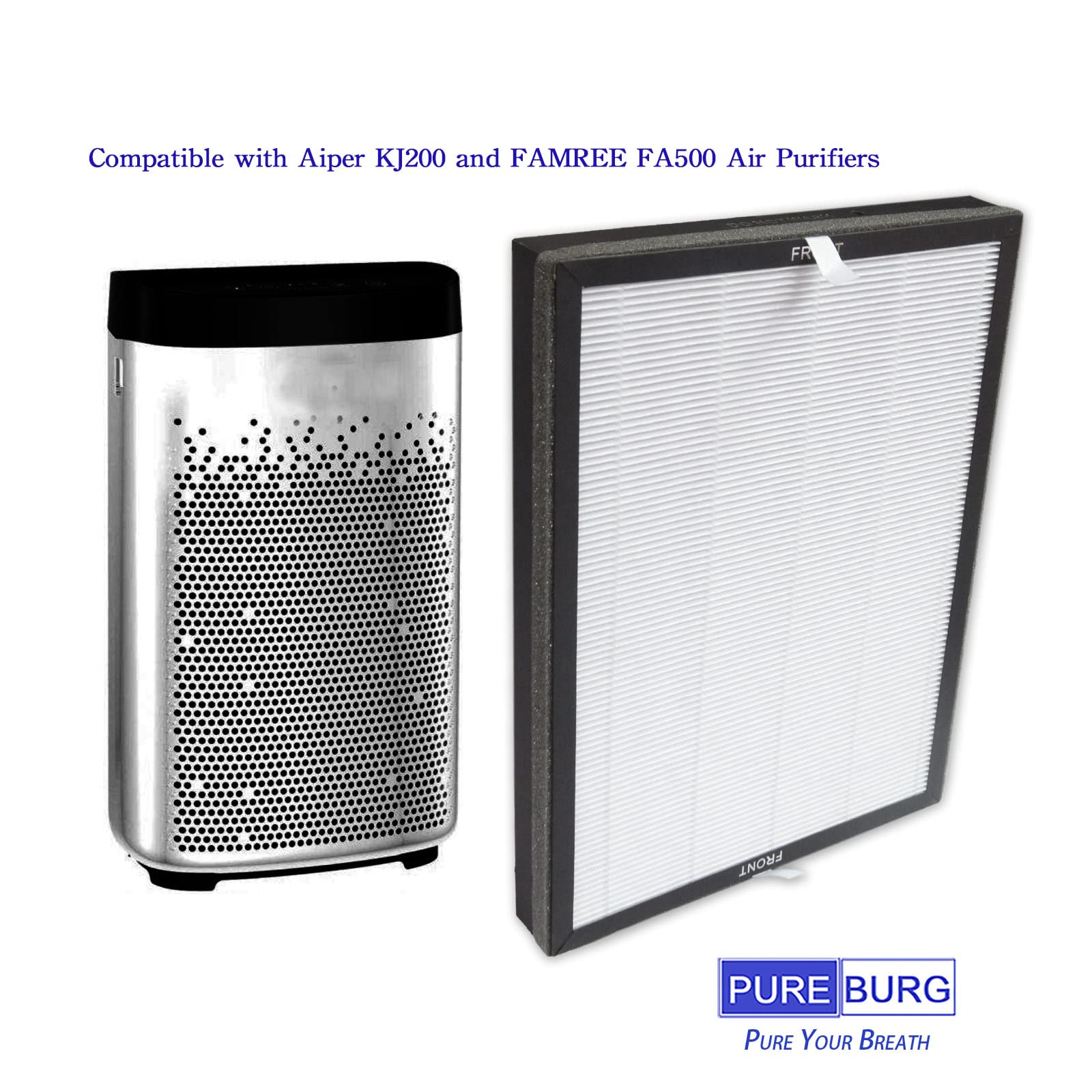 PUREBURG Replacement True HEPA Filters Compatible with Aiper KJ200 and FAMREE FA500 Air Purifiers, H13 3-Stage Filtration Activated Carbon 2-in-1,2-Pack