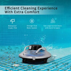 Knocokie Cordless Pool Vacuum Cleaner, Robotic Pool Cleaner, Lasts 120min, Dual-Motor,Smart Navigation and Parking System, LED Indicator, Suitable for Flat Pools Up to 1000 sq. ft 1-year warranty