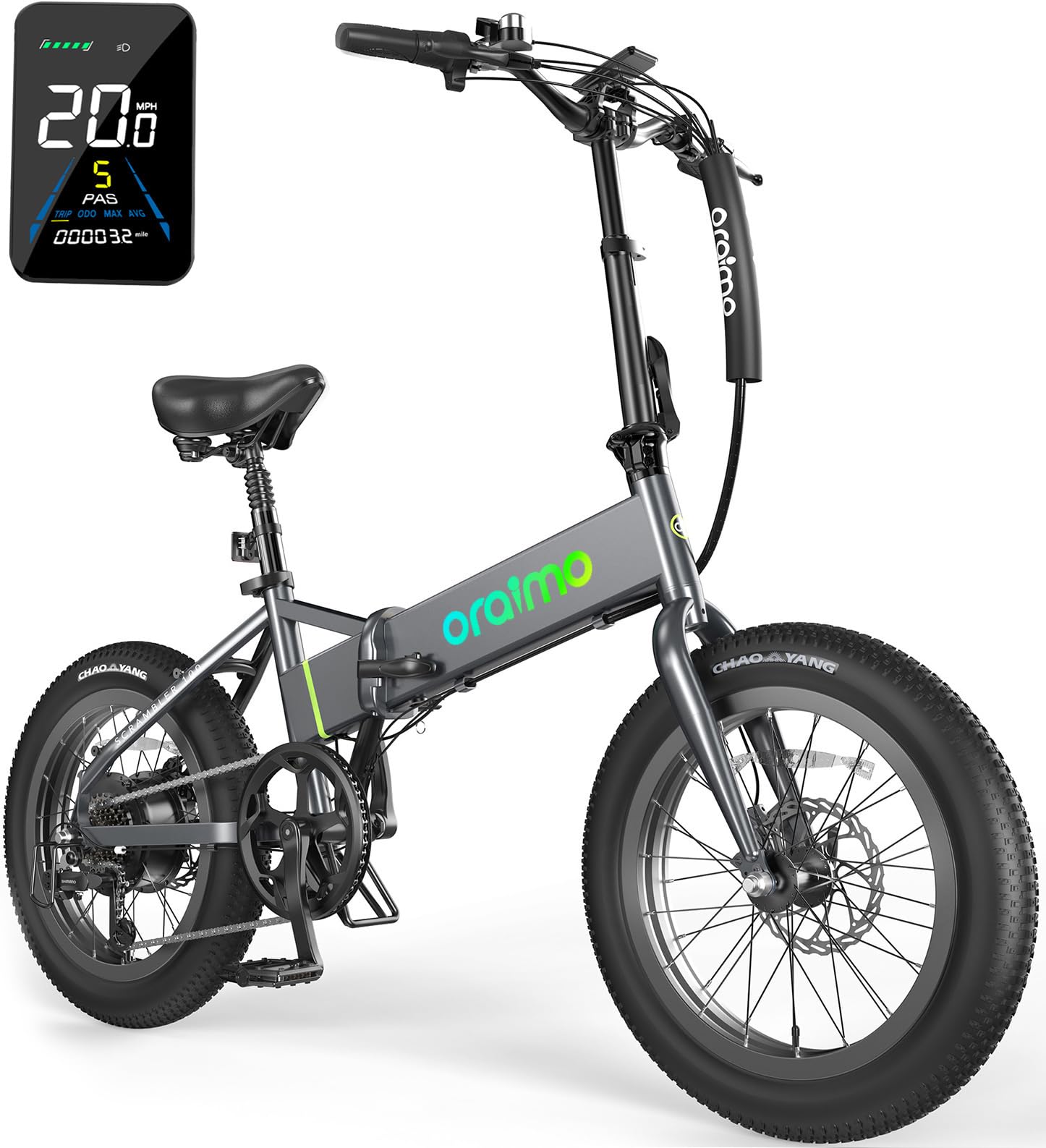 Oraimo Folding Electric Bike for Adults, 750W Brushless Motor(Peak 1000W), 48V 12Ah Hidden Battery Up to 50 Miles, 3.5H Fast Charge, 20" Fat Tire Ebike, 7 Speed Gear (Magic Gray, Standard)