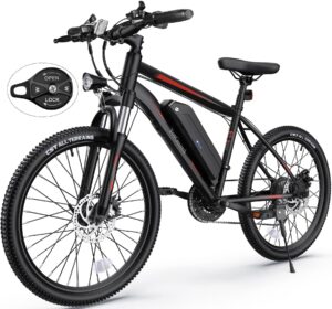 totguard 26" electric bike, 350w motor, 19.8mph speed, 36v 374.4wh battery, 21 speed gears, front suspension, dual disc brakes, aluminum frame, led headlight, lcd display, 4 working modes, red