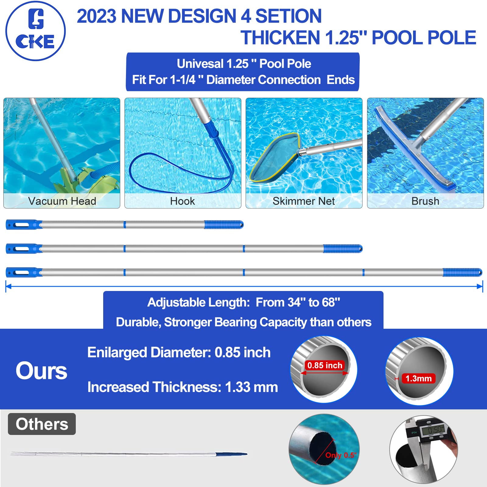 CKE 2024 68" Portable Pool Vacuum Jet Underwater Cleaner W/Brush Bag, 4 Section 1.25" Pole of Hand Held Portable Vacuum Pool Cleaner Pool Spa Pond Mini Jet Underwater Jet Vac for Above Ground Pool Vac