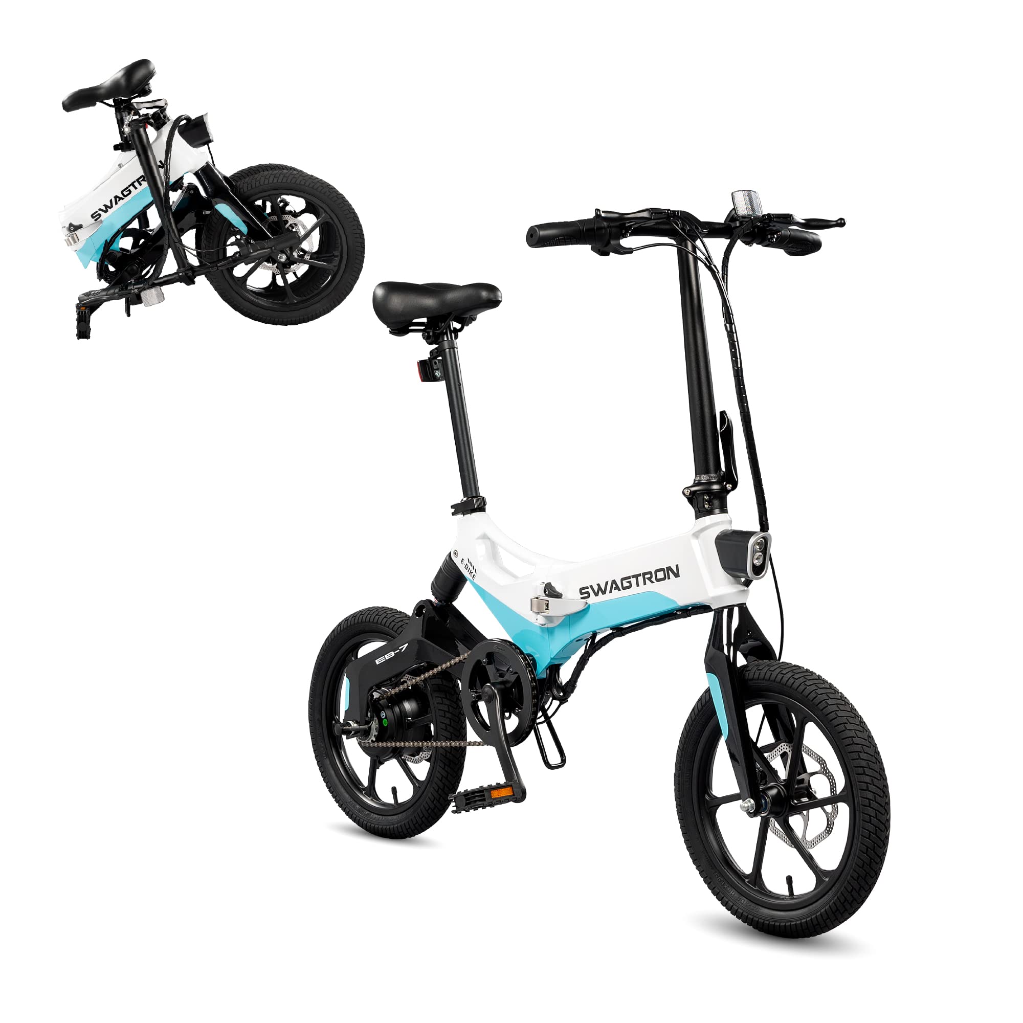 Swagtron Swagcycle EB-7 Elite Folding Electric Bike with Removable Battery and Rear Suspension, Blue/White, 16" Wheels