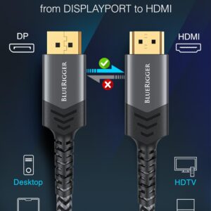 BlueRigger DisplayPort to HDMI 4K 60Hz Cable 15FT - (Uni-Directional, DP to HDMI Cord, HDR, HDCP 2.2, Display to HDMI Male Video Cable) - Compatible with PC, Laptop, HDTV, Monitor, Projector