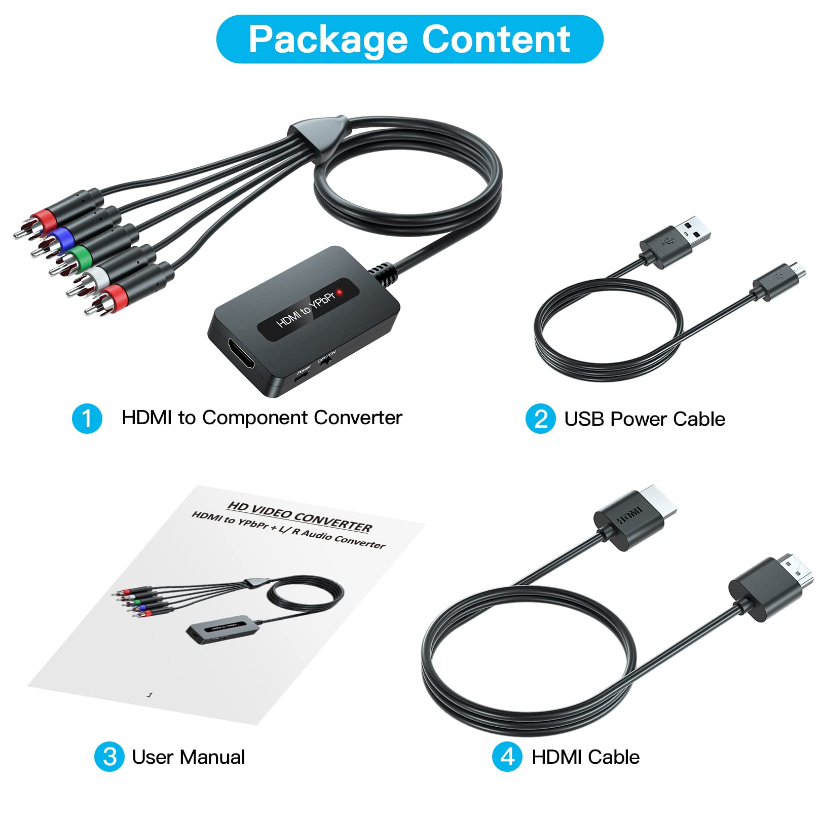 HDMI to Component Converter Cable with HDMI and Component Cables, 1080P HDMI to YPbPr Converter, HDMI in Component Out Converter for DVD/STB/PS3/PS4 with HDMI Output