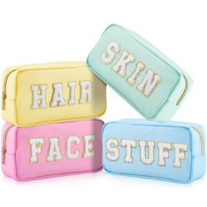 4 Pcs Preppy Makeup Bag Chenille Letter Nylon Cosmetic Bag Makeup Bag Toiletry Cosmetic Case Preppy Bag with Zipper Stuff Bag Cosmetic Pouch Makeup Pouch for Women Teen Girl (Pastel Colors)