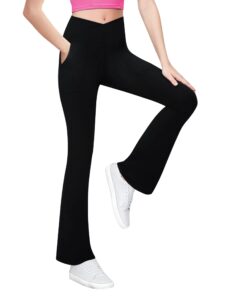 gnainach girls flare pants size 13-14 years old black high waist crossover leggings with pockets kids bell bottoms for teen yoga running
