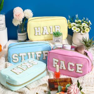 4 Pcs Preppy Makeup Bag Chenille Letter Nylon Cosmetic Bag Makeup Bag Toiletry Cosmetic Case Preppy Bag with Zipper Stuff Bag Cosmetic Pouch Makeup Pouch for Women Teen Girl (Pastel Colors)