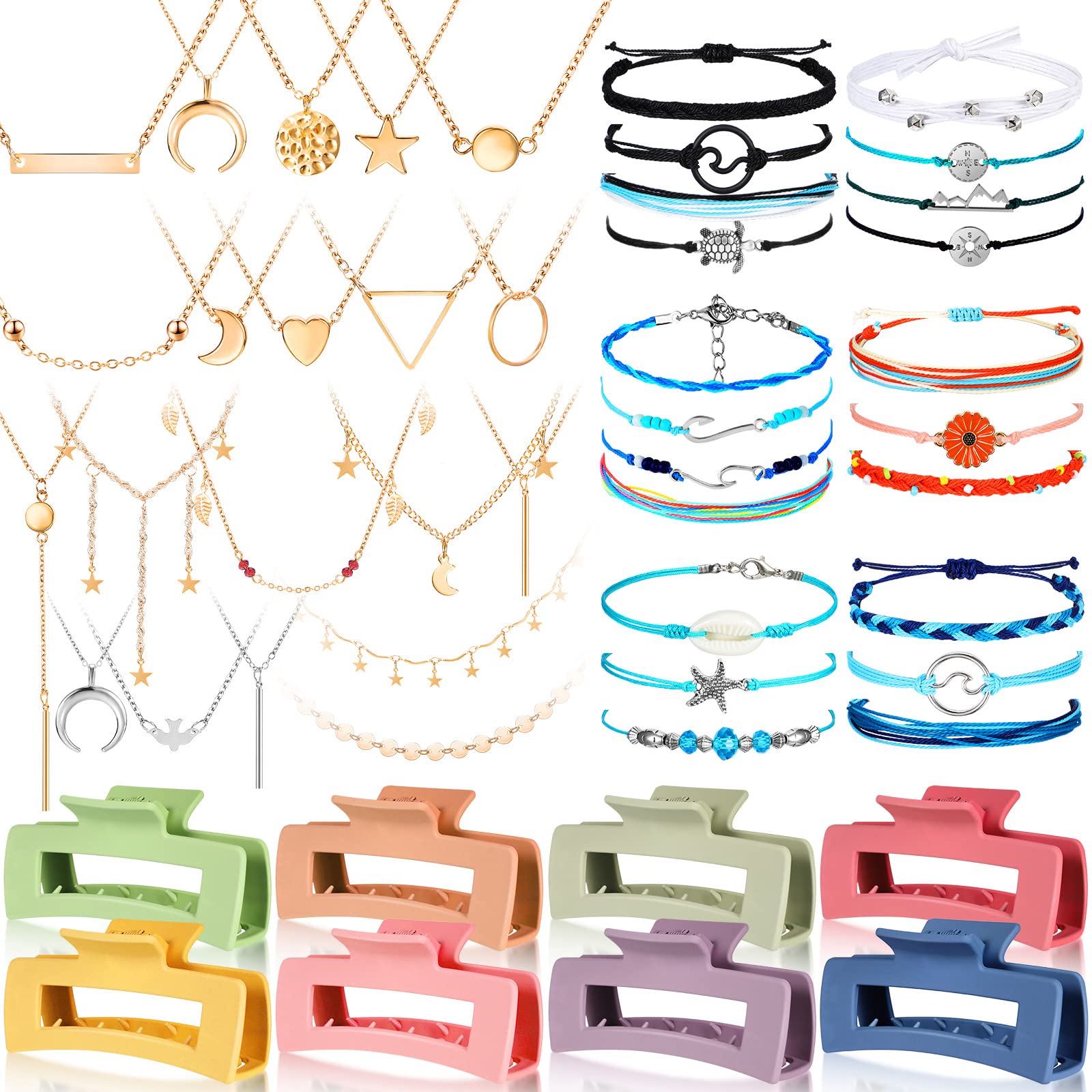 49 Pcs Jewelry Set for Teen Girls - Bracelets, Necklaces, Hair Clips in Silver, Gold - Surfer, Layered, Charming Summer Accessories