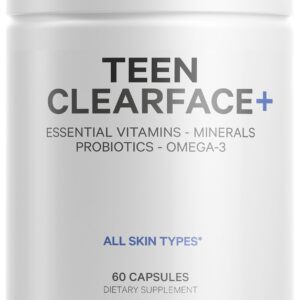 Codeage Teen Clearface Adolescent Face, Skin & Pimples, Vitamins A, C, D3, E, Pantothenic Acid, Niacin, Zinc Supplement Teenagers, Probiotics, L-Lysine, Omega-3, Oily Skin, Pores, Spots - 60 Capsules