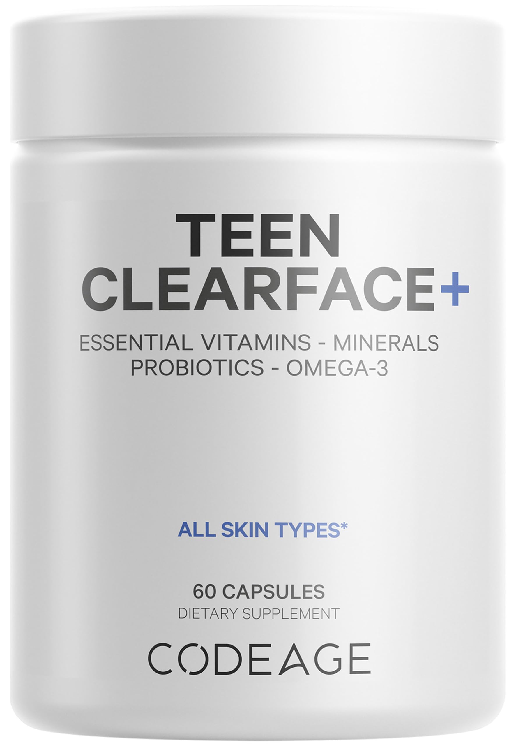 Codeage Teen Clearface Adolescent Face, Skin & Pimples, Vitamins A, C, D3, E, Pantothenic Acid, Niacin, Zinc Supplement Teenagers, Probiotics, L-Lysine, Omega-3, Oily Skin, Pores, Spots - 60 Capsules