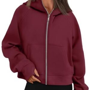 AUTOMET Womens Oversized Sweatshirts Zip Up Cropped Hoodies Fleece Jackets Full Zip Pullover Sweater 2024 Fall Fashion Outfits Trendy Winter Clothes Winered