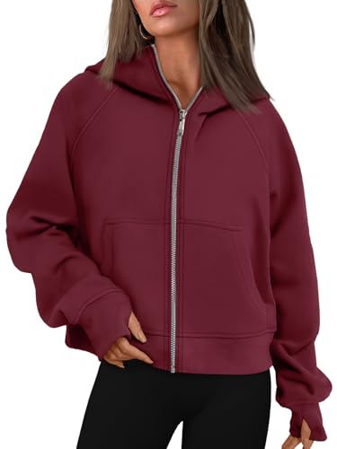 AUTOMET Womens Oversized Sweatshirts Zip Up Cropped Hoodies Fleece Jackets Full Zip Pullover Sweater 2024 Fall Fashion Outfits Trendy Winter Clothes Winered