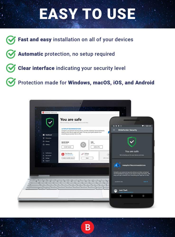 Bitdefender Total Security 2024 – Complete Antivirus and Internet Security Suite – 5 Devices | 1 Year Subscription | PC/Mac | Activation Code by Mail