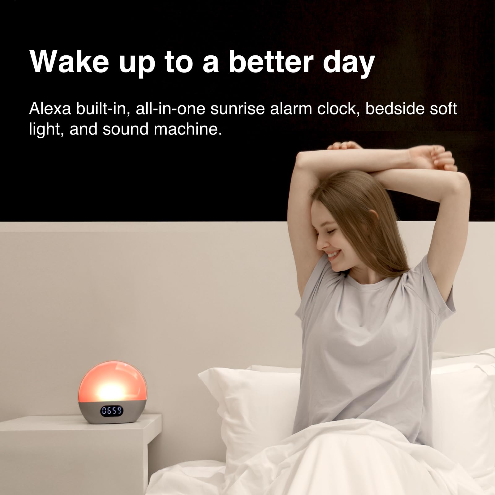 WiiM Wake-up Light, Alexa Built-in, Unlimited Sound Choices, All-in-One Sunrise Alarm Clock, Sound Machine, Sleep Routines and More - Polished Silver