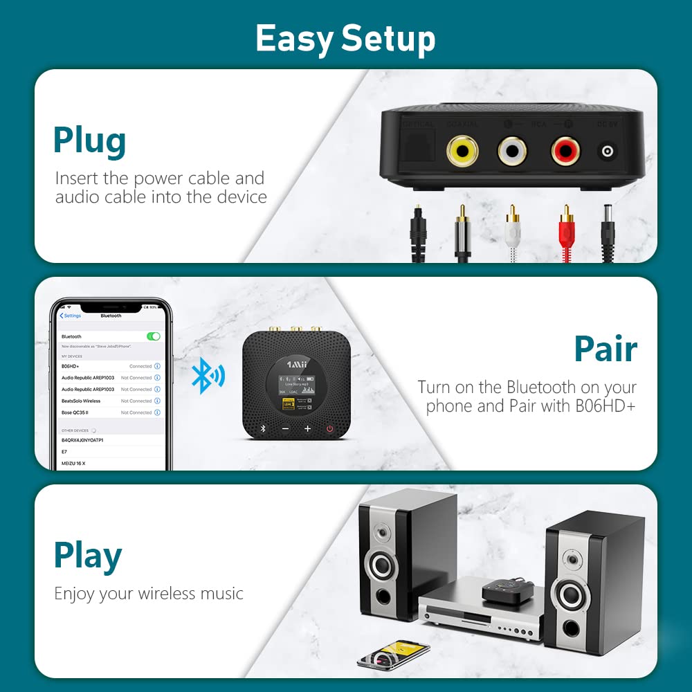 1Mii B06HD+ Hi-Res Bluetooth 5.1 Music Receiver for Home Stereo w/LDAC, Hi-Fi Bluetooth Adapter w/Audiophile DAC aptX HD Volume Control OLED Display, Wireless Audio Adapter for AV Receiver/Amplifier