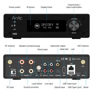 Arylic Hi-Fi Multiroom WiFi Amplifier with Bluetooth aptX HD, HDMI ARC, AirPlay 2 & Spotify Streaming for Wireless Home Music .Support 192Khz/24bits Music Transmission & Reception.50W*2 Amplifier- H50