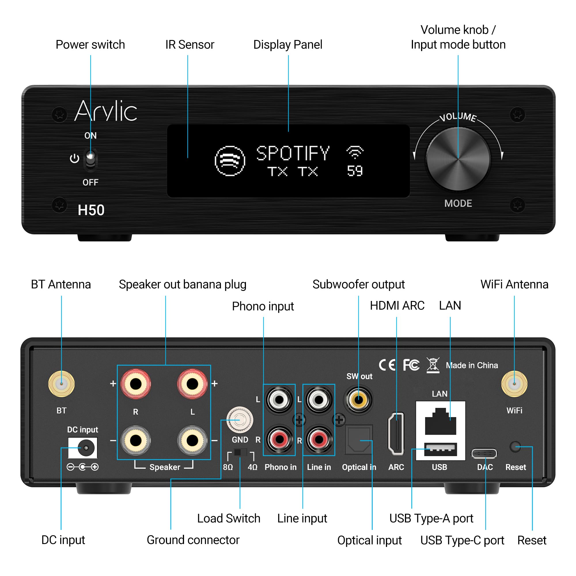 Arylic Hi-Fi Multiroom WiFi Amplifier with Bluetooth aptX HD, HDMI ARC, AirPlay 2 & Spotify Streaming for Wireless Home Music .Support 192Khz/24bits Music Transmission & Reception.50W*2 Amplifier- H50