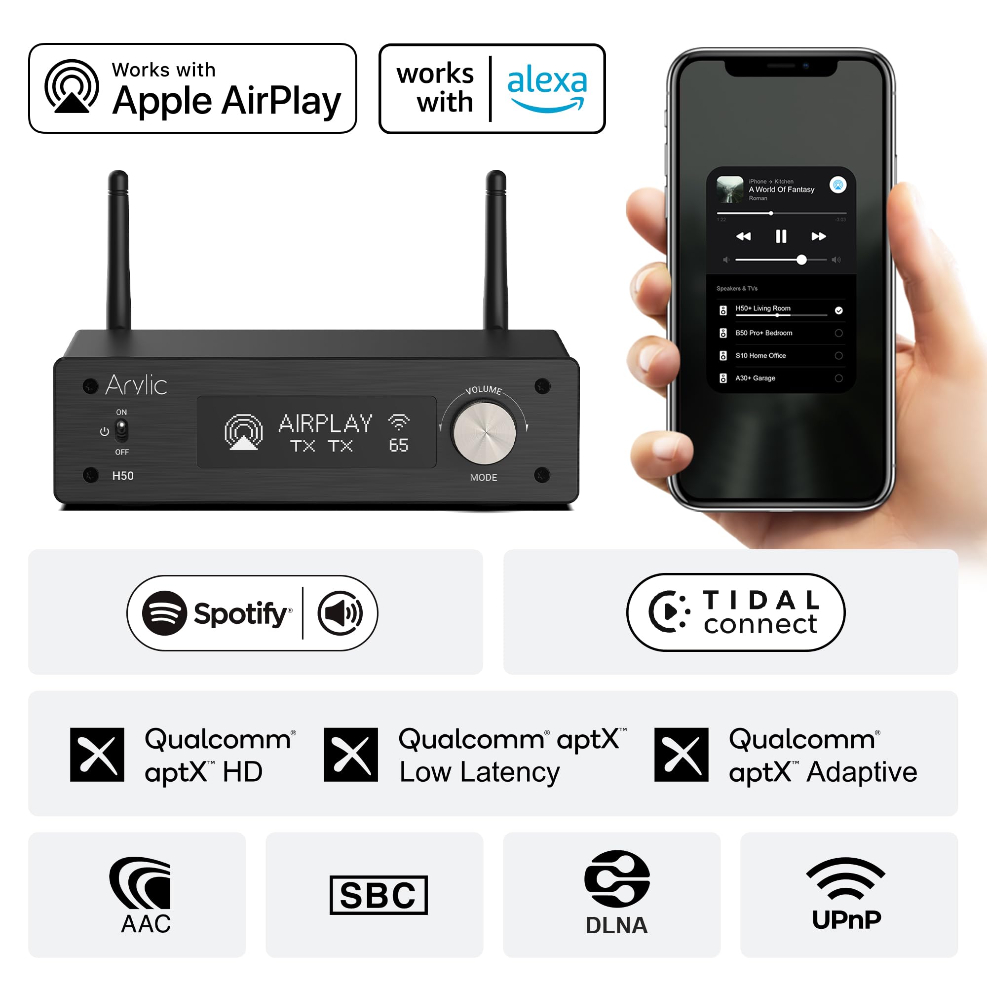 Arylic Hi-Fi Multiroom WiFi Amplifier with Bluetooth aptX HD, HDMI ARC, AirPlay 2 & Spotify Streaming for Wireless Home Music .Support 192Khz/24bits Music Transmission & Reception.50W*2 Amplifier- H50