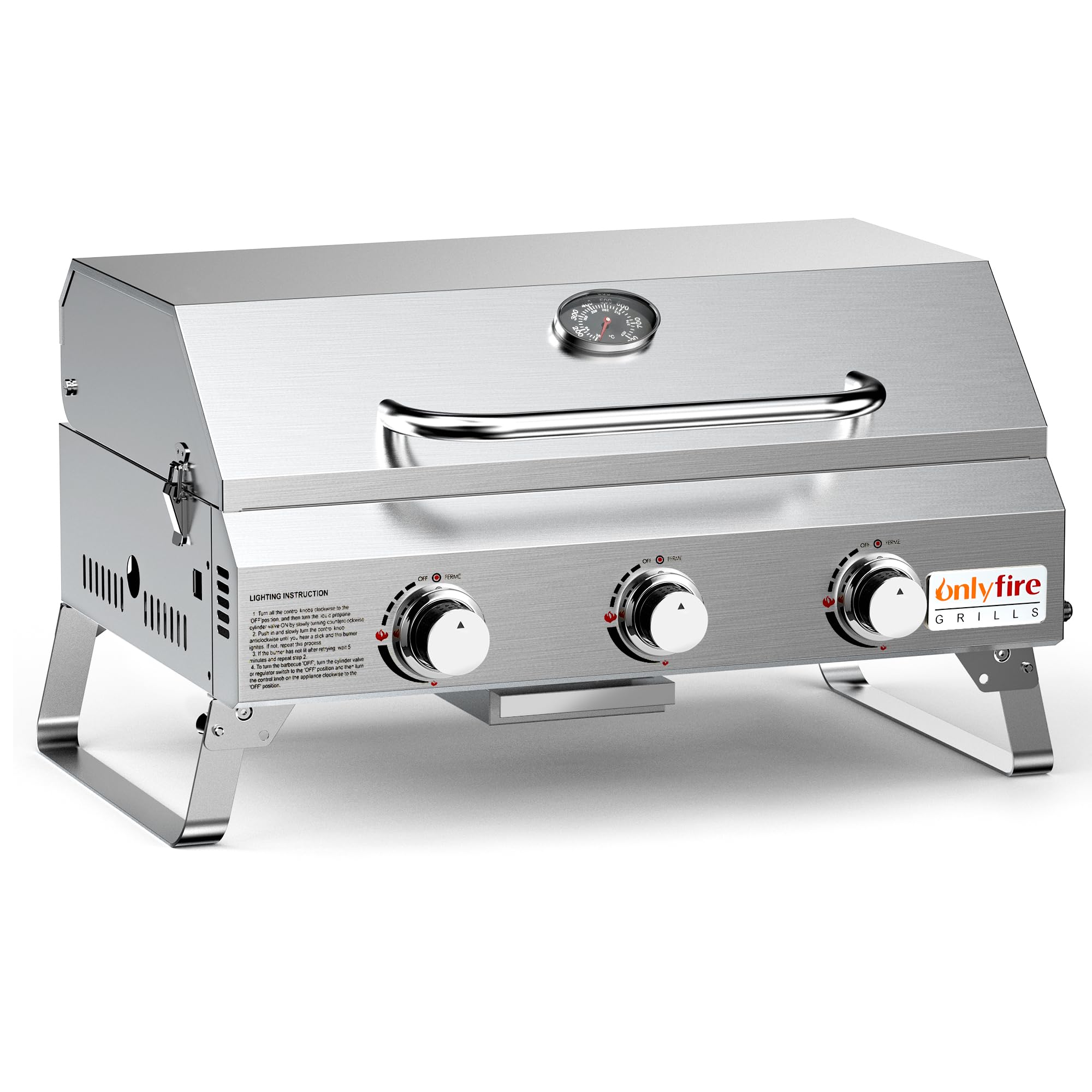 Onlyfire Tabletop Gas Grill 3 Burners, 24" Stainless Steel Portable Propane Grill with Foldable Legs for Outdoor Patio Backyard Camping, Tailgating, RV Trip, Heavy Duty & 24000BTU, GS307