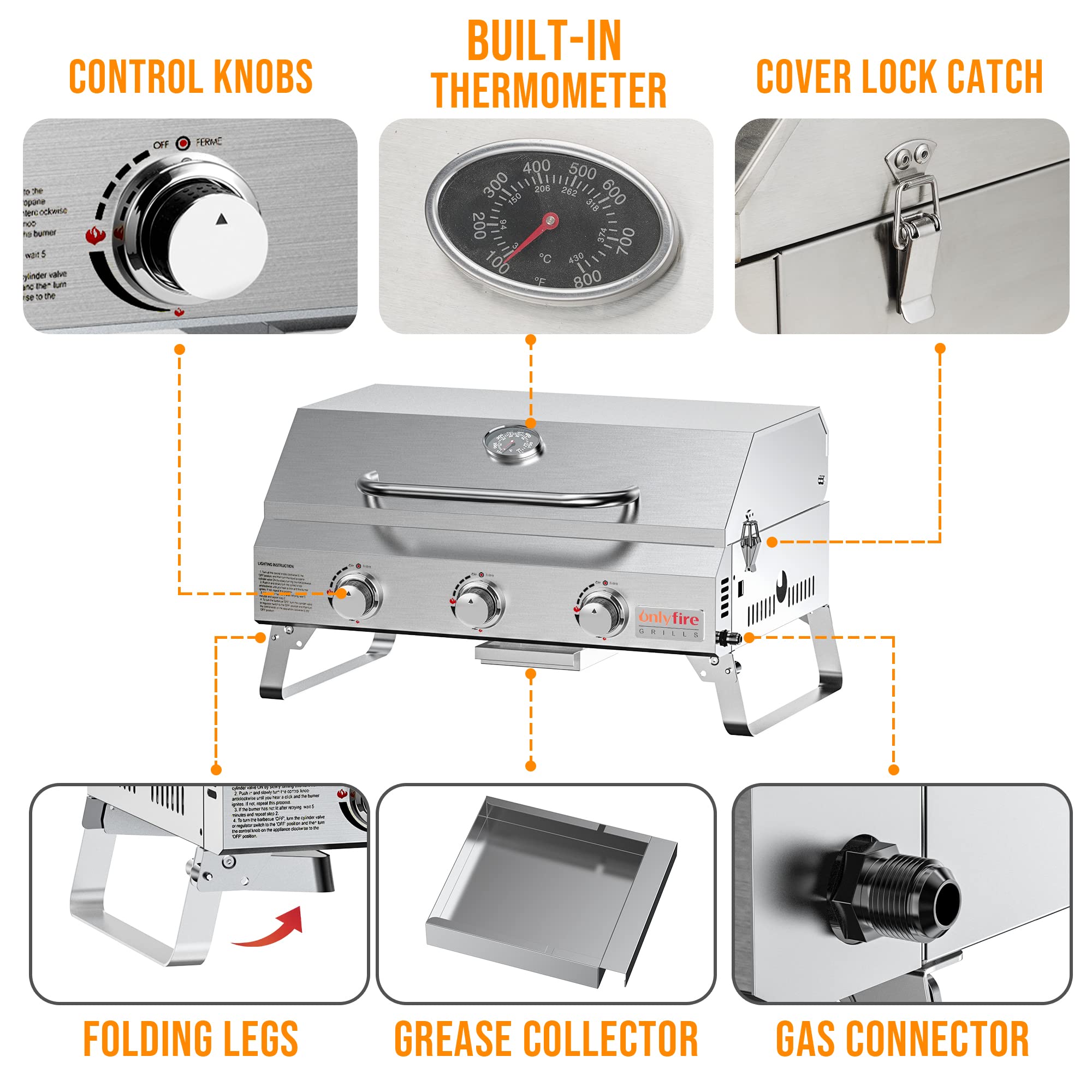 Onlyfire Tabletop Gas Grill 3 Burners, 24" Stainless Steel Portable Propane Grill with Foldable Legs for Outdoor Patio Backyard Camping, Tailgating, RV Trip, Heavy Duty & 24000BTU, GS307