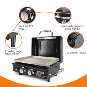 QuliMetal Portable Griddle Flat Top Grill 22 Inch Table Top Grill with Hood 2 Burner Gas Grill Propane Grill with Carry Bag Outdoor Griddle Camping Griddle 24,000 BTU 348 Sq 304 Stainless Steel